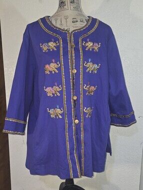Bob Mackie Wearable Art Embroidered Elephants Purple Button Up Jacket 2-3XL